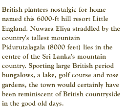 British planters nostalgic for home named this 6000-ft hill resort Little England. Nuwara Eliya straddled by the country's tallest mountain Pidurutalagala (8000 feet) lies in the centre of the Sri Lanka's mountain country. Sporting large British period bungalows, a lake, golf course and rose gardens, the town would certainly have been reminiscent of British countryside in the good old days.
